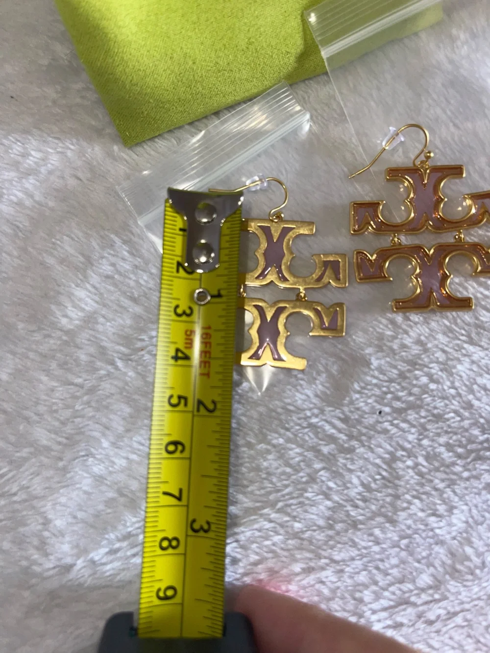 Tory Burch Gold Logo Drop Earrings with Pink Enamel